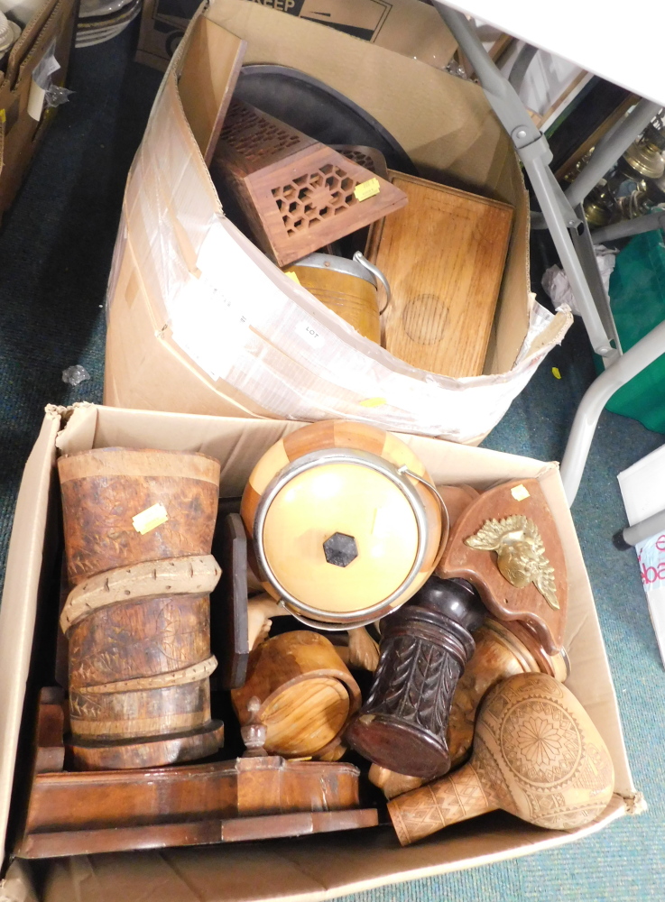 Various treen, to include desk stand, jar and cover, vases, etc. (2 boxes)