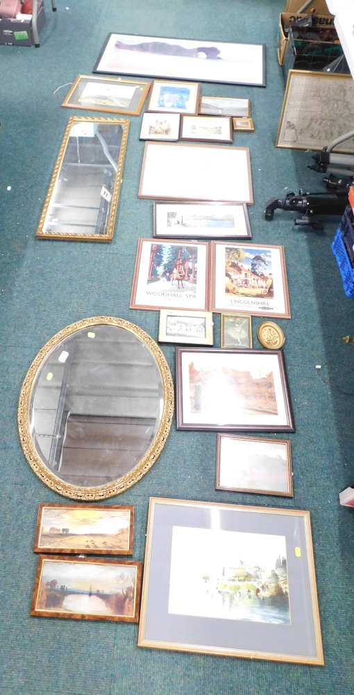 Various pictures, prints, mirrors, etc., to include a reproduction British Railways print of Lincoln