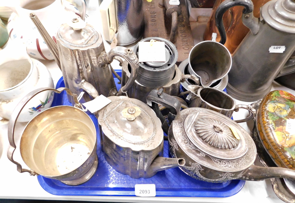 Various plated wares, to include teapot, teapot and hot water jug, ice bucket, Victorian pewter caps
