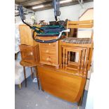 A drop leaf kitchen table, side chair, three drawer pine bedside, mobility walker, nest of tables, s