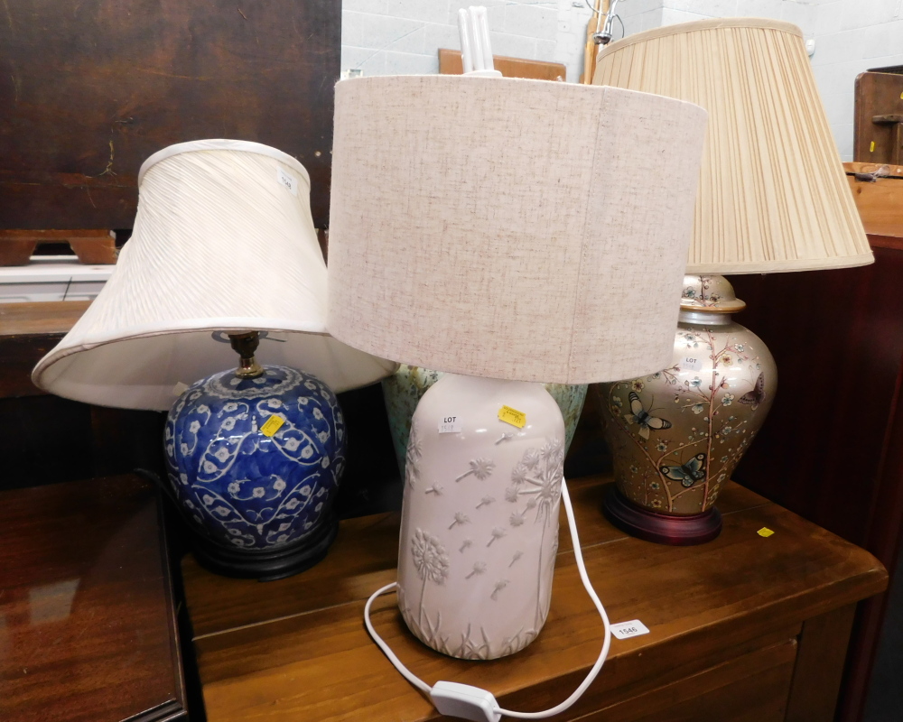 Various table lamps, comprising blue and white table lamp, silvered finish butterfly transfer printe