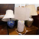 Various table lamps, comprising blue and white table lamp, silvered finish butterfly transfer printe