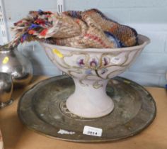 A hammered brass charger, Studio Pottery tulip centre bowl, and a chequered blanket. (3)