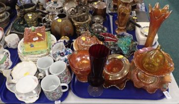 A group of carnival glass, to include dishes, long stem vases, various mugs, Booths ironstone jug, b