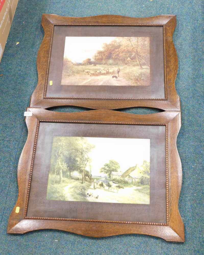 After GW Goyard. Two prints depicting rural scenes, on oak frames.