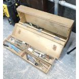 A pine toolbox and contents of drill parts. Buyer Note: VAT payable on the hammer price of this lot