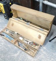 A pine toolbox and contents of drill parts. Buyer Note: VAT payable on the hammer price of this lot