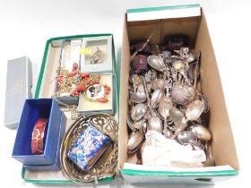 Various souvenir and other spoons, together with an Oriental style enamel matchbox holder, bangle, e