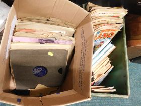 Group of Beano magazines, Dandy book annuals, Commando, records, etc. (2 boxes)