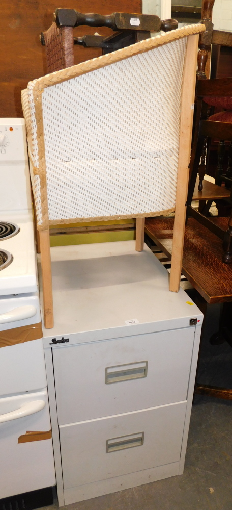 A Silver Line two drawer filing cabinet, a basket weave commode and a footstool. (3)