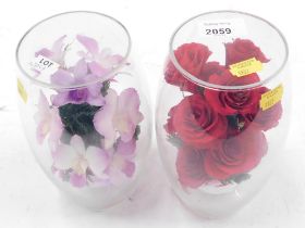 Two preserved flower posies, contained in Perspex cases, each 20cm high.