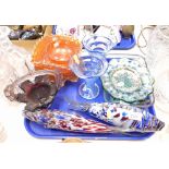 Two Murano style glass fish, together with carnival glass bowls, further glassware, etc. (1 tray)