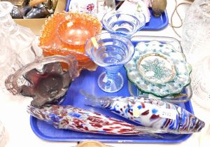 Two Murano style glass fish, together with carnival glass bowls, further glassware, etc. (1 tray)