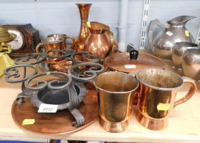 A group of copper, to include jug, saucepan, mugs, etc.