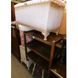 A three tier oak trolley, laundry basket with retro floral print, French style bedside, painted 19th