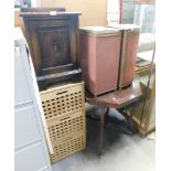 Assorted furniture, comprising an octagonal topped mahogany side table, two basket weave linen baske