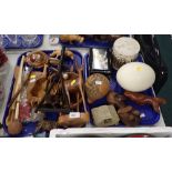 Tribal Art, to include carved animal figures, utensils, ostrich egg, animal skin drum, etc. (2 trays