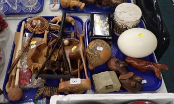 Tribal Art, to include carved animal figures, utensils, ostrich egg, animal skin drum, etc. (2 trays