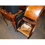 A walnut sewing table, magazine rack, side chair, easy chair, and a fire guard. (5)