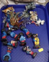 Various Robertson's figures, together with glass figures, Wade Whimsies, etc. (1 tray)
