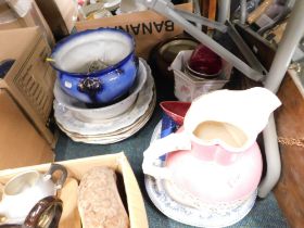 Various blue and white meat plates, together with a Victorian wash jug, jardiniere, etc. (a quantity