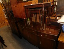 Assorted dining room furniture, comprising a mahogany Regency style bow front sideboard, low cocktai