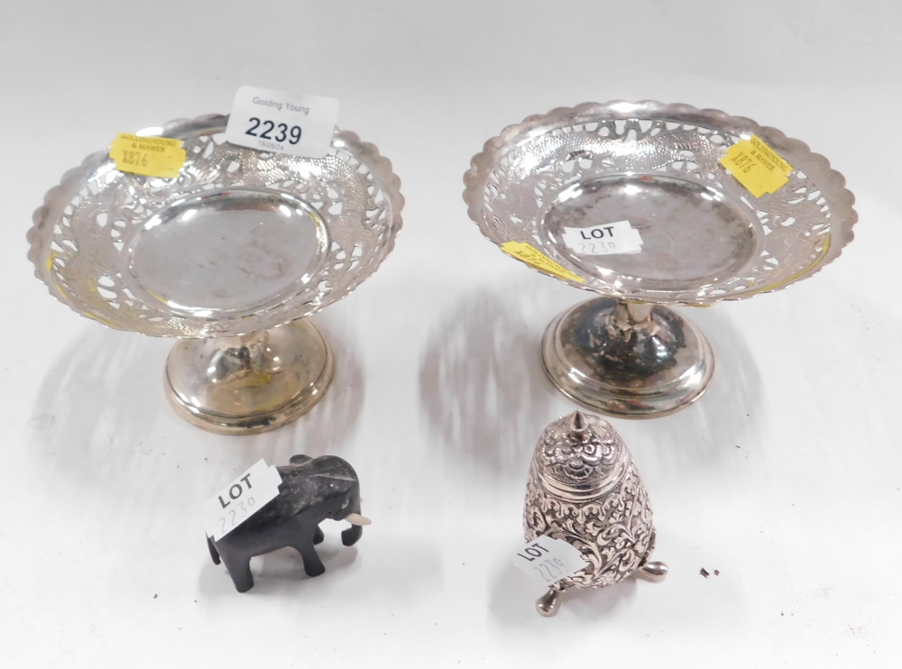 A pair of Chinese pedestal dishes, together with a white metal pot and cover, possibly Indian, and a