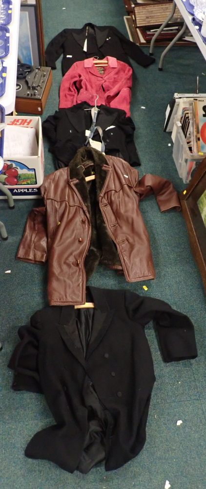 Various clothing, to include various gentlemen's dinner suit, a Dean black wool overcoat, pink suede