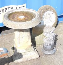 A group of reconstituted stone garden wares, comprising two bird tables, one on shell square base, 5