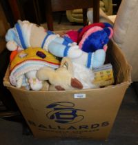 A group of assorted cuddly toys, games, Spot The Dog, and others. (1 box)