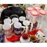 Various Budweiser and other tankards, together with a game of Monopoly and a Novelty Records Jazz Mu