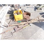 Various garden tools, together with a cast iron grate, hand tools, concrete birdbath, etc. (a quanti
