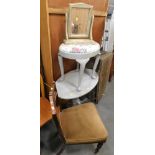 A grey painted dressing table stool, small dressing table mirror, grey painted side table, and an Ed