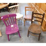 Four assorted painted and stained child's chairs.