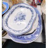 Two blue and white willow pattern meat plates, together with two further platters.