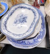 Two blue and white willow pattern meat plates, together with two further platters.