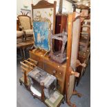 Assorted furniture, comprising fire screens, bookcase, long foot stool (lacking top), carved stool,