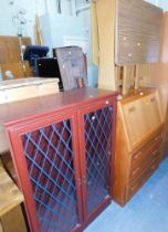 A teak bureau, drop leaf kitchen table, and a display cabinet. (3)