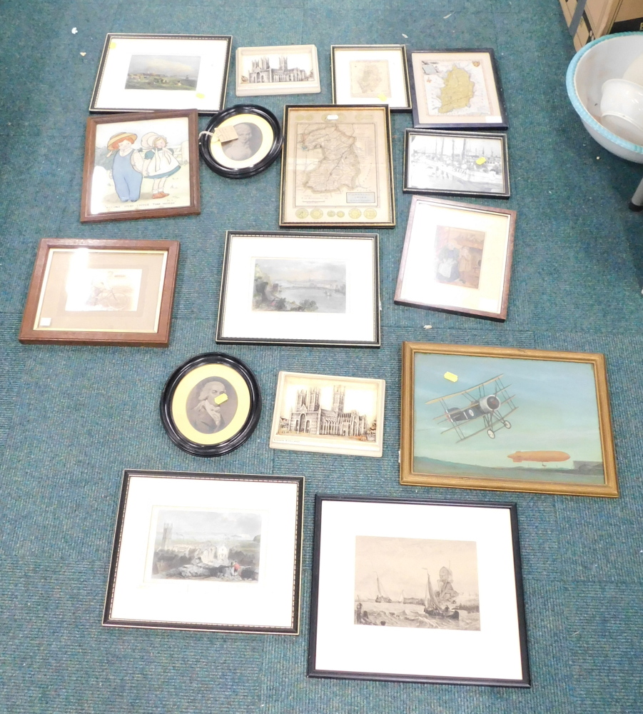 Various pictures, prints, etc., to include map of Nottinghamshire, another, after H Moulle coloured