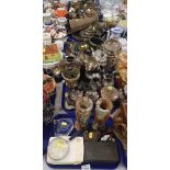 Various metalware, pair of carved onyx vases, 22cm high, magnifying glass, glass paperweight, etc. (