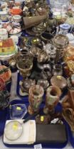 Various metalware, pair of carved onyx vases, 22cm high, magnifying glass, glass paperweight, etc. (