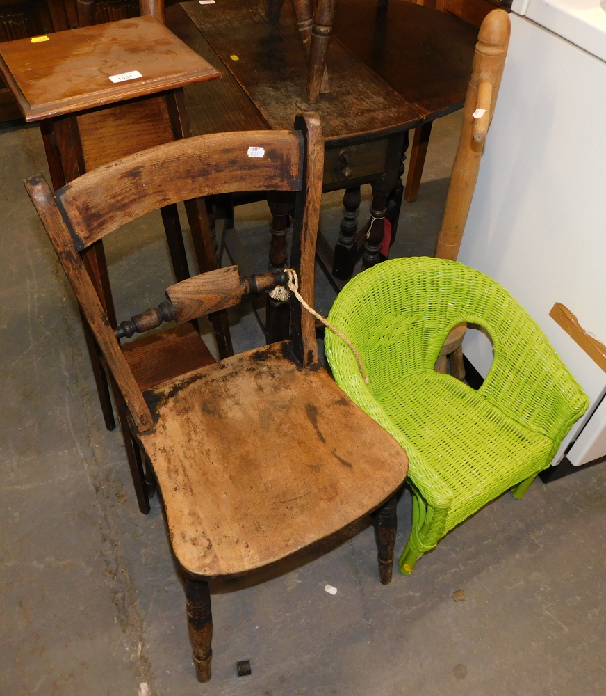 An oak plant stand, stick back chair, green painted child's chair and a washing dolly. (4)