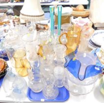 A group of glassware, to include a 1920s blue frosted glass part dressing table set, various jugs, s