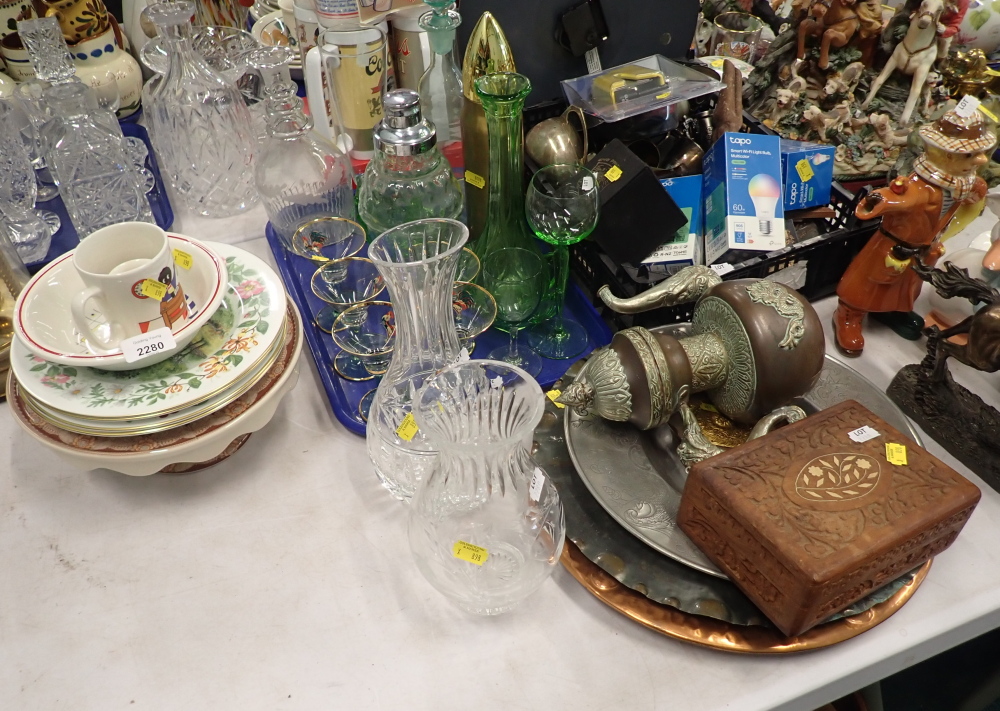 Decorative china and effects, to include mid century cocktail shaker, cut glass vases, uranium