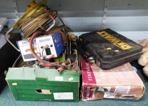 A Chloride battery tester, together with various cabling, a fire side steel log holder, boxed, etc.