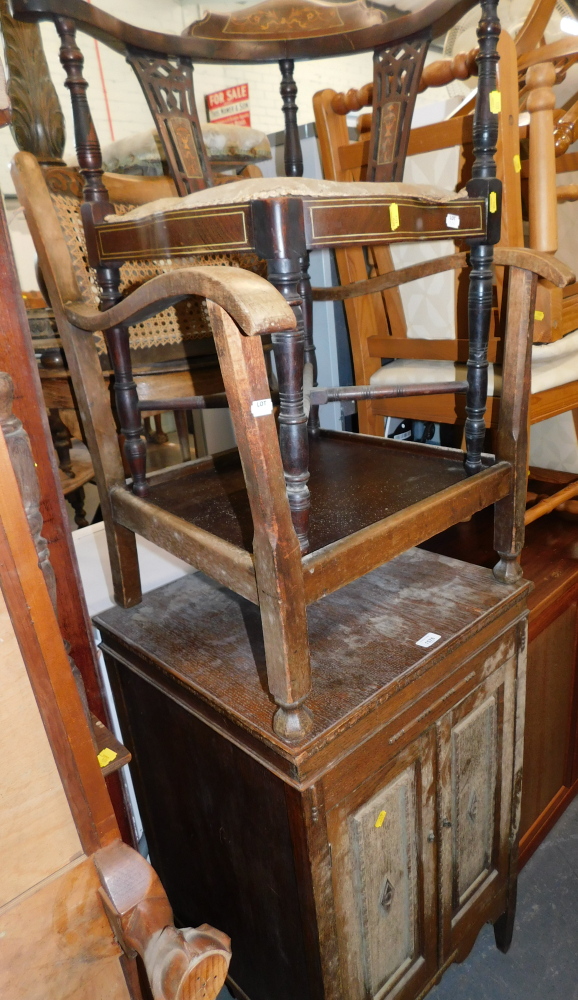 Assorted 19thC and later furnishings, comprising Edwardian corner chair with boxwood inlay, an armch