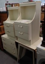 Various cream finish bedroom furniture, comprising pair of two drawer bedsides, three drawer chest a