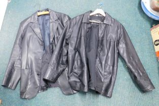 A GAP black leather jacket, size medium, and a Carlo Santini black leather jacket, size 40. (2)