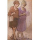 Kath Mallon. Ladies wearing red and purple dresses, oil on board, 28.5cm x 19cm.