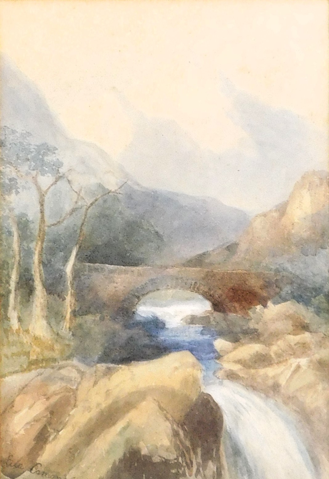 Eda Commell. River scene with bridge, watercolour, signed, 25cm x 17cm.